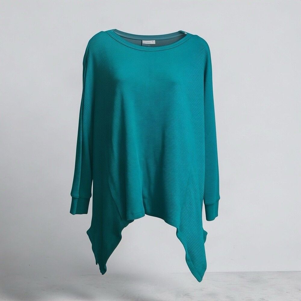 Westbound Teal Waffle Knit Asymmetrical Sharkbite Hem Long Sleeve Top XL